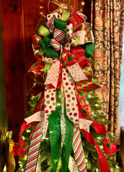 The Clarice Red White & Lime Green Whimsical Christmas Tree Topper Bow, XL Tree bow, long streamer bow, tree trimming bow, grinch bow