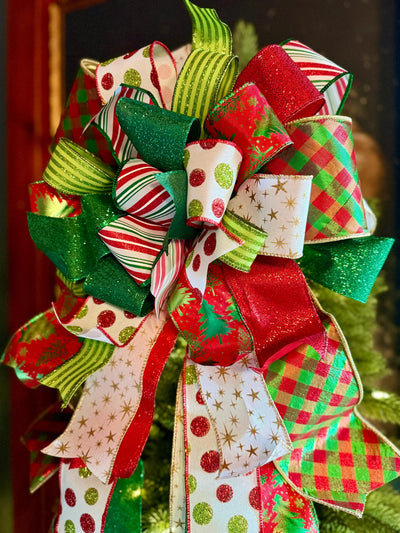 The Clarice Red White & Lime Green Whimsical Christmas Tree Topper Bow, XL Tree bow, long streamer bow, tree trimming bow, grinch bow