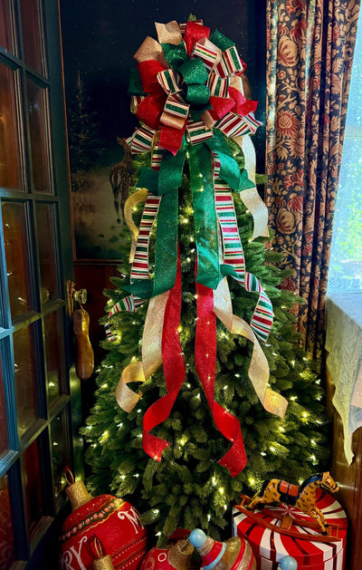 The Nicole Red Green Gold Christmas Tree Topper Bow, Retro Glitter Holiday Decor, bow for wreaths, long streamer bow, bow for tree