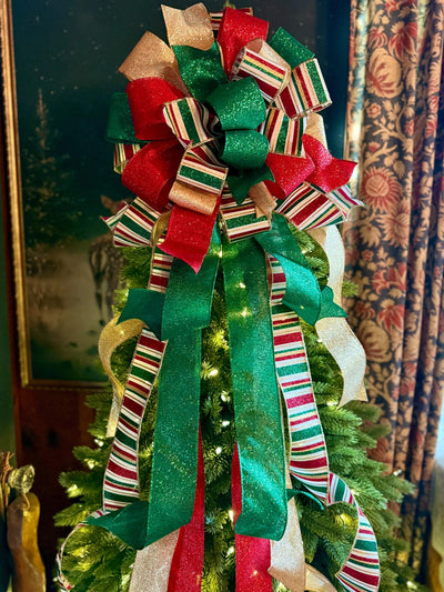 The Nicole Red Green Gold Christmas Tree Topper Bow, Retro Glitter Holiday Decor, bow for wreaths, long streamer bow, bow for tree