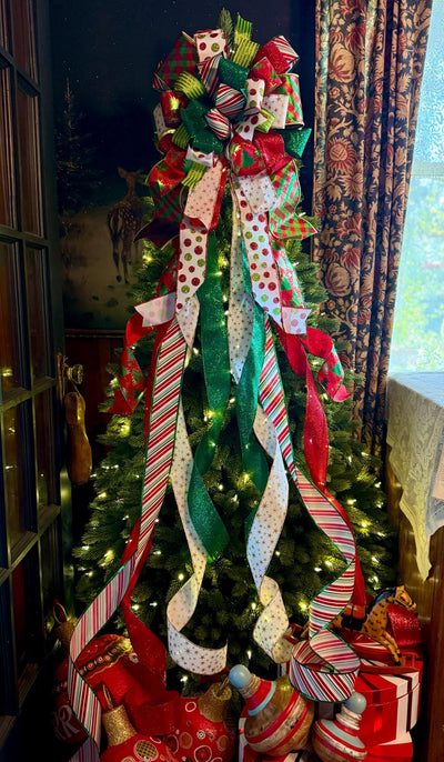 The Clarice Red White & Lime Green Whimsical Christmas Tree Topper Bow, XL Tree bow, long streamer bow, tree trimming bow, grinch bow