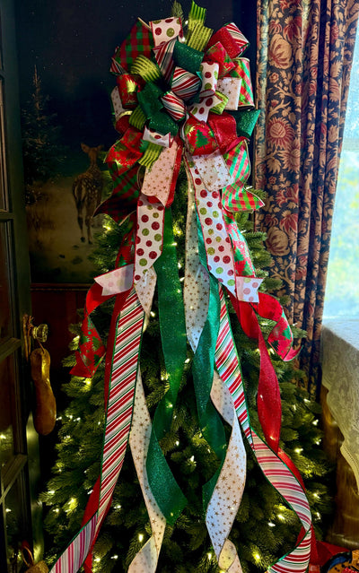 The Clarice Red White & Lime Green Whimsical Christmas Tree Topper Bow, XL Tree bow, long streamer bow, tree trimming bow, grinch bow