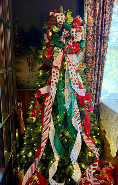 The Clarice Red White & Lime Green Whimsical Christmas Tree Topper Bow, XL Tree bow, long streamer bow, tree trimming bow, grinch bow