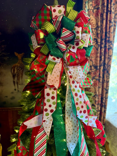 The Clarice Red White & Lime Green Whimsical Christmas Tree Topper Bow, XL Tree bow, long streamer bow, tree trimming bow, grinch bow
