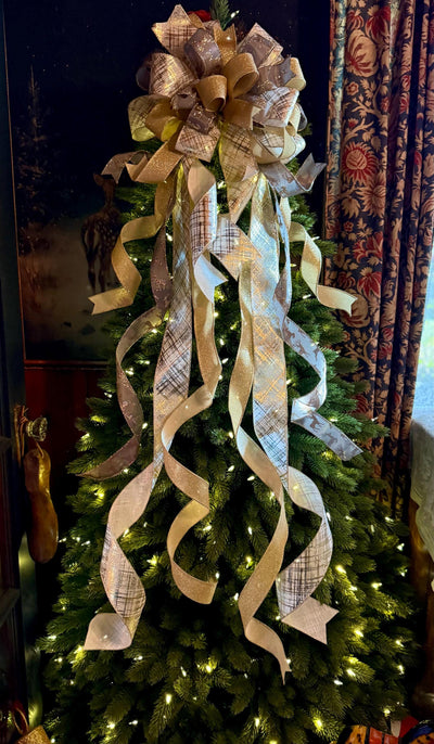 Prancer Gold & Silver Christmas Tree Topper Bow, Snowflake Ribbon, Long Streamers