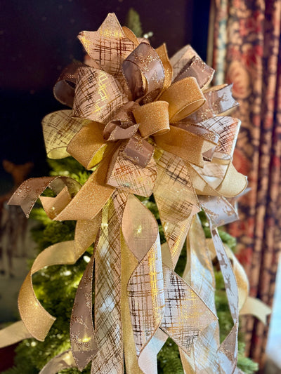 Prancer Gold & Silver Christmas Tree Topper Bow, Snowflake Ribbon, Long Streamers