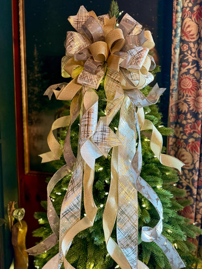 Prancer Gold & Silver Christmas Tree Topper Bow, Snowflake Ribbon, Long Streamers