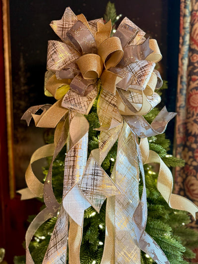 Prancer Gold & Silver Christmas Tree Topper Bow, Snowflake Ribbon, Long Streamers