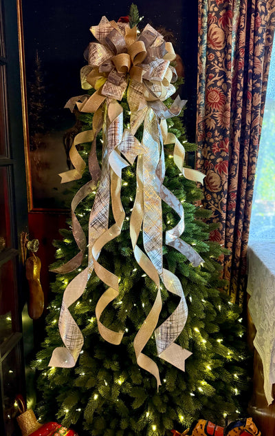 Prancer Gold & Silver Christmas Tree Topper Bow, Snowflake Ribbon, Long Streamers