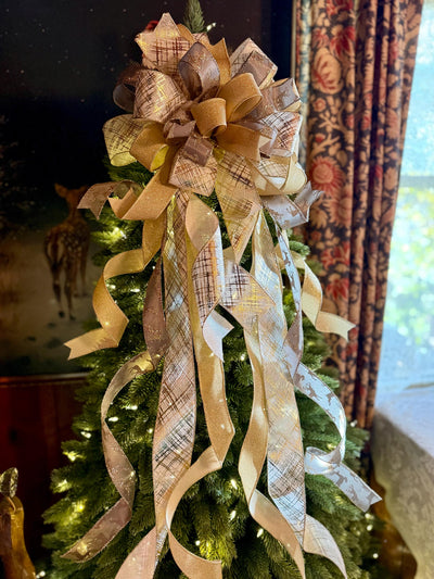 Prancer Gold & Silver Christmas Tree Topper Bow, Snowflake Ribbon, Long Streamers