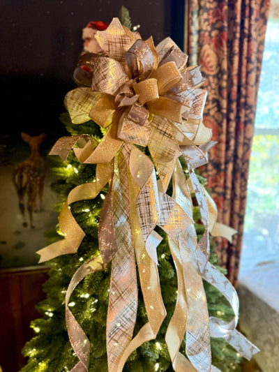 Prancer Gold & Silver Christmas Tree Topper Bow, Snowflake Ribbon, Long Streamers