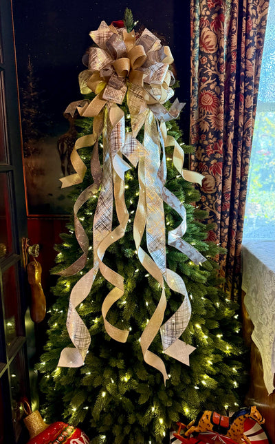 Prancer Gold & Silver Christmas Tree Topper Bow, Snowflake Ribbon, Long Streamers