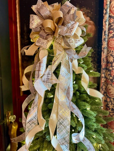 Prancer Gold & Silver Christmas Tree Topper Bow, Snowflake Ribbon, Long Streamers