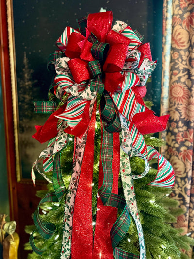 The Etta Red Green & White Christmas Tree Topper Bow, cottage bow, bow for wreaths, long streamer bow, christmas tree bow, tree trimming bow