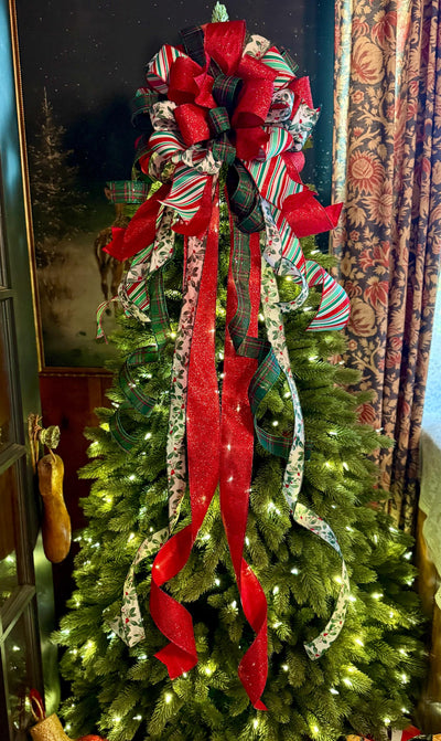 The Etta Red Green & White Christmas Tree Topper Bow, cottage bow, bow for wreaths, long streamer bow, christmas tree bow, tree trimming bow