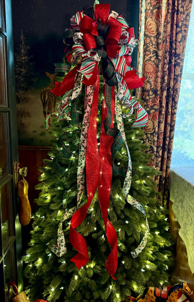 The Etta Red Green & White Christmas Tree Topper Bow, cottage bow, bow for wreaths, long streamer bow, christmas tree bow, tree trimming bow