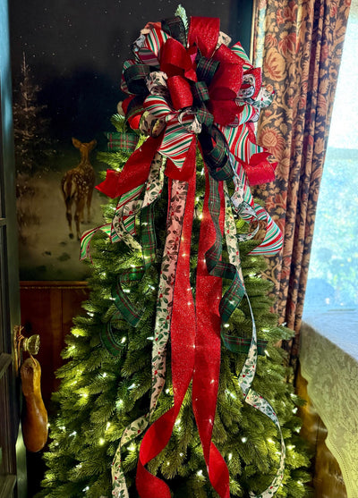 The Etta Red Green & White Christmas Tree Topper Bow, cottage bow, bow for wreaths, long streamer bow, christmas tree bow, tree trimming bow