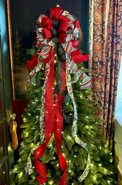 The Etta Red Green & White Christmas Tree Topper Bow, cottage bow, bow for wreaths, long streamer bow, christmas tree bow, tree trimming bow