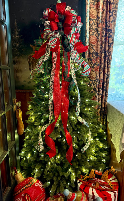 The Etta Red Green & White Christmas Tree Topper Bow, cottage bow, bow for wreaths, long streamer bow, christmas tree bow, tree trimming bow