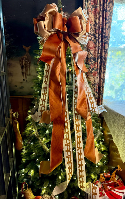 The Ginger Bronze & Gold Gingerbread Christmas Tree Topper Bow, Tree trimming bow, long streamer bow, Ribbon topper, XL bow, caramel bow