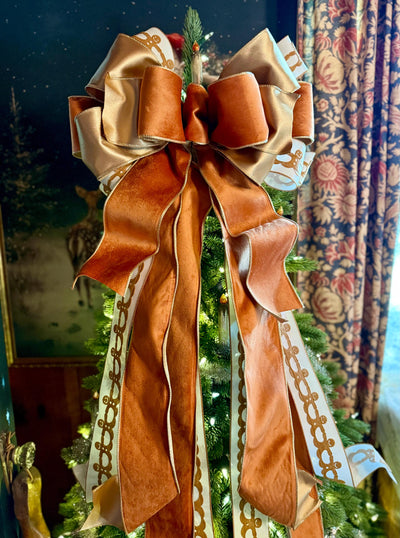 The Ginger Bronze & Gold Gingerbread Christmas Tree Topper Bow, Tree trimming bow, long streamer bow, Ribbon topper, XL bow, caramel bow