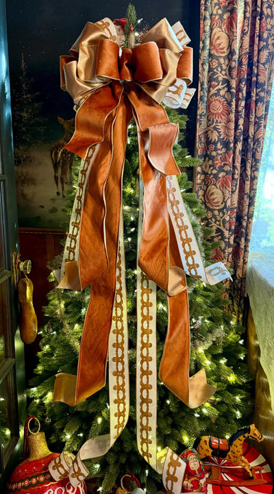The Ginger Bronze & Gold Gingerbread Christmas Tree Topper Bow, Tree trimming bow, long streamer bow, Ribbon topper, XL bow, caramel bow
