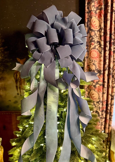 The Belle Smoke Blue Velvet Christmas Tree Topper Bow, XL bow with long streamers for wreath, Outdoor velvet bow, blue gray bow