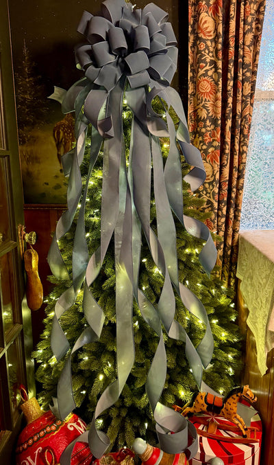 The Belle Smoke Blue Velvet Christmas Tree Topper Bow, XL bow with long streamers for wreath, Outdoor velvet bow, blue gray bow