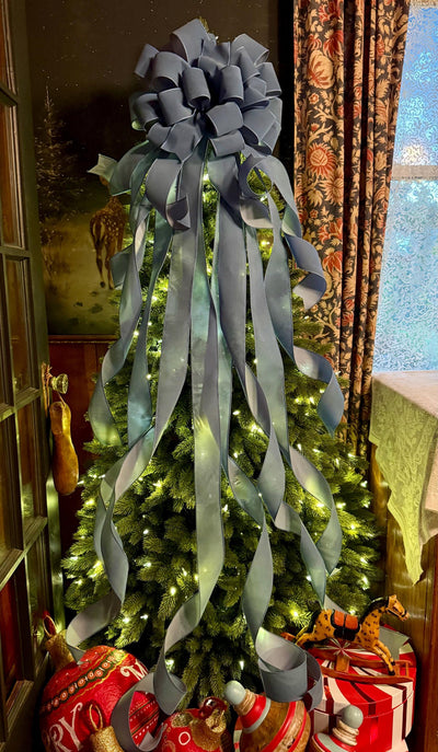 The Belle Smoke Blue Velvet Christmas Tree Topper Bow, XL bow with long streamers for wreath, Outdoor velvet bow, blue gray bow