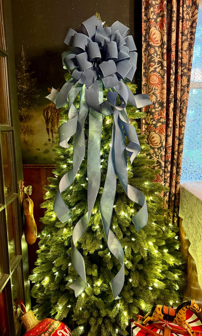 The Belle Smoke Blue Velvet Christmas Tree Topper Bow, XL bow with long streamers for wreath, Outdoor velvet bow, blue gray bow