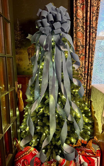 The Belle Smoke Blue Velvet Christmas Tree Topper Bow, XL bow with long streamers for wreath, Outdoor velvet bow, blue gray bow