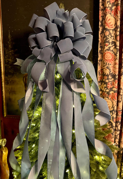 The Belle Smoke Blue Velvet Christmas Tree Topper Bow, XL bow with long streamers for wreath, Outdoor velvet bow, blue gray bow