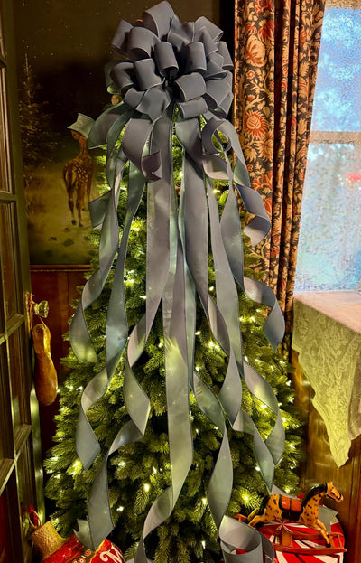 The Belle Smoke Blue Velvet Christmas Tree Topper Bow, XL bow with long streamers for wreath, Outdoor velvet bow, blue gray bow