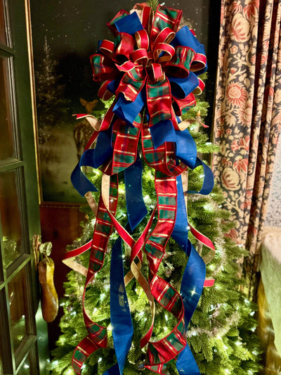 The Gabriella Navy Red & Gold Plaid Christmas Tree Topper Bow, XL Nutcracker themed, royal blue luxury bow, elegant red gold bow