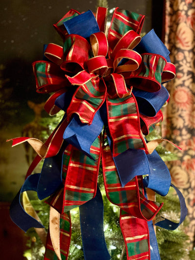 The Gabriella Navy Red & Gold Plaid Christmas Tree Topper Bow, XL Nutcracker themed, royal blue luxury bow, elegant red gold bow