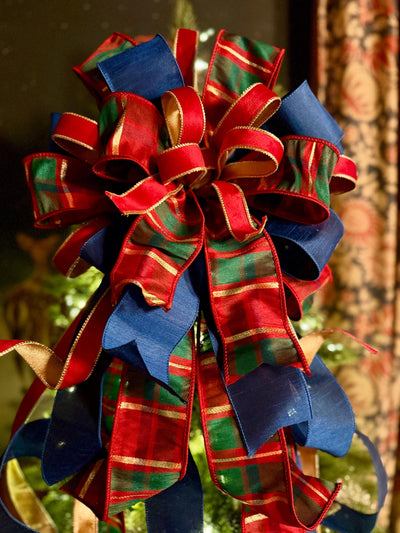 The Gabriella Navy Red & Gold Plaid Christmas Tree Topper Bow, XL Nutcracker themed, royal blue luxury bow, elegant red gold bow