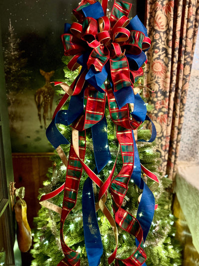 The Gabriella Navy Red & Gold Plaid Christmas Tree Topper Bow, XL Nutcracker themed, royal blue luxury bow, elegant red gold bow
