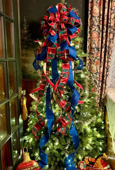 The Gabriella Navy Red & Gold Plaid Christmas Tree Topper Bow, XL Nutcracker themed, royal blue luxury bow, elegant red gold bow