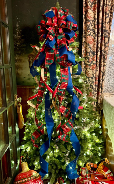 The Gabriella Navy Red & Gold Plaid Christmas Tree Topper Bow, XL Nutcracker themed, royal blue luxury bow, elegant red gold bow