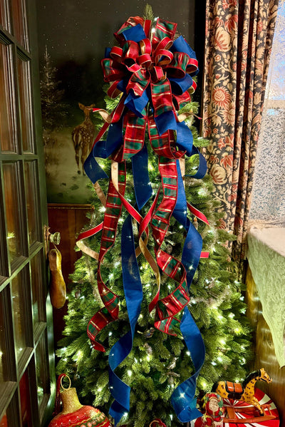 The Gabriella Navy Red & Gold Plaid Christmas Tree Topper Bow, XL Nutcracker themed, royal blue luxury bow, elegant red gold bow