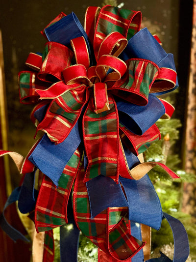 The Gabriella Navy Red & Gold Plaid Christmas Tree Topper Bow, XL Nutcracker themed, royal blue luxury bow, elegant red gold bow