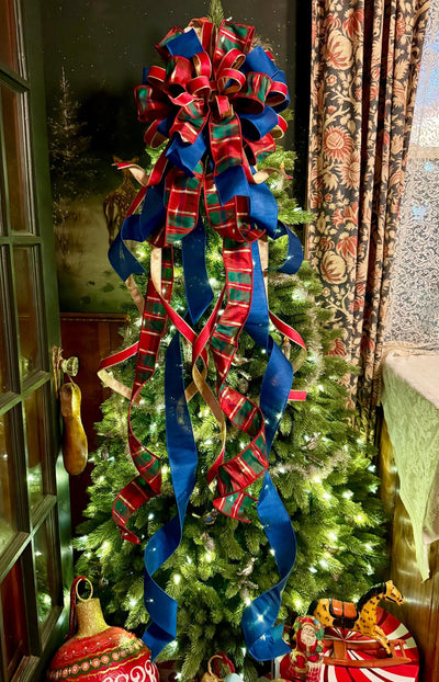 The Gabriella Navy Red & Gold Plaid Christmas Tree Topper Bow, XL Nutcracker themed, royal blue luxury bow, elegant red gold bow