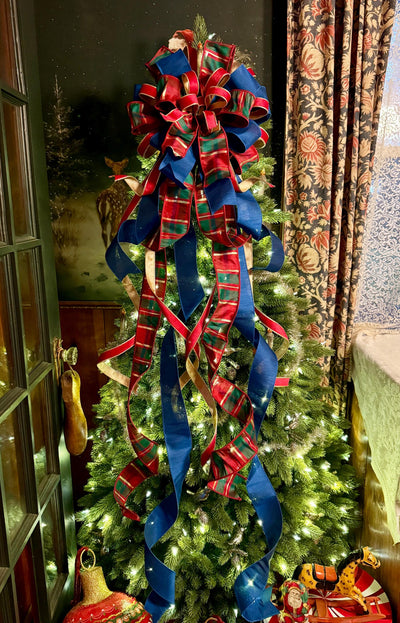 The Gabriella Navy Red & Gold Plaid Christmas Tree Topper Bow, XL Nutcracker themed, royal blue luxury bow, elegant red gold bow