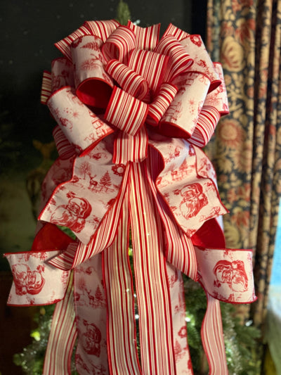 The Kringle Red & White Christmas Tree Topper Bow, Santa Claus toile bow, bow for wreath, luxury ribbon bow, bow for tree, christmas bows