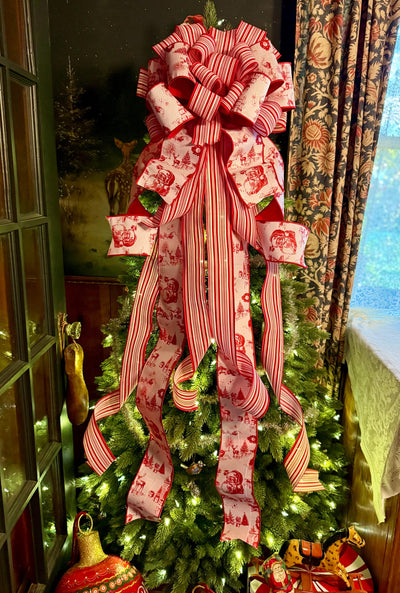 The Kringle Red & White Christmas Tree Topper Bow, Santa Claus toile bow, bow for wreath, luxury ribbon bow, bow for tree, christmas bows