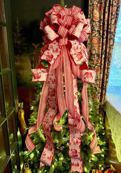 The Kringle Red & White Christmas Tree Topper Bow, Santa Claus toile bow, bow for wreath, luxury ribbon bow, bow for tree, christmas bows