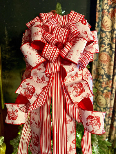 The Kringle Red & White Christmas Tree Topper Bow, Santa Claus toile bow, bow for wreath, luxury ribbon bow, bow for tree, christmas bows