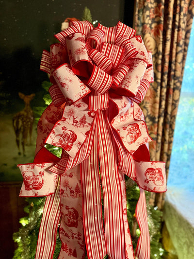 The Kringle Red & White Christmas Tree Topper Bow, Santa Claus toile bow, bow for wreath, luxury ribbon bow, bow for tree, christmas bows