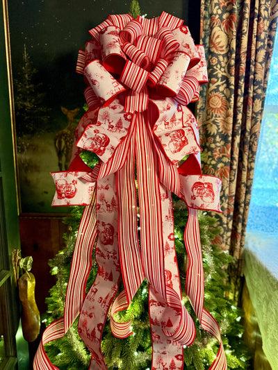 The Kringle Red & White Christmas Tree Topper Bow, Santa Claus toile bow, bow for wreath, luxury ribbon bow, bow for tree, christmas bows