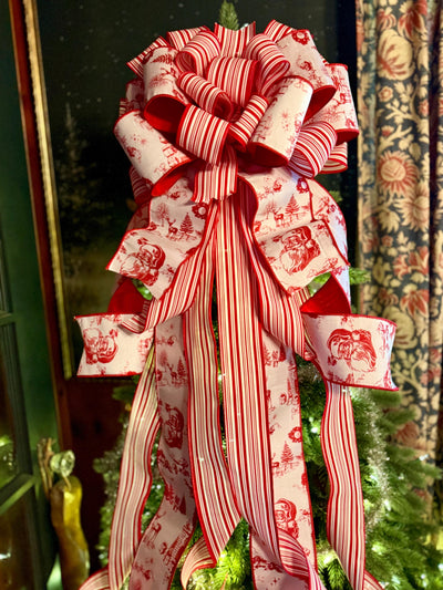 The Kringle Red & White Christmas Tree Topper Bow, Santa Claus toile bow, bow for wreath, luxury ribbon bow, bow for tree, christmas bows